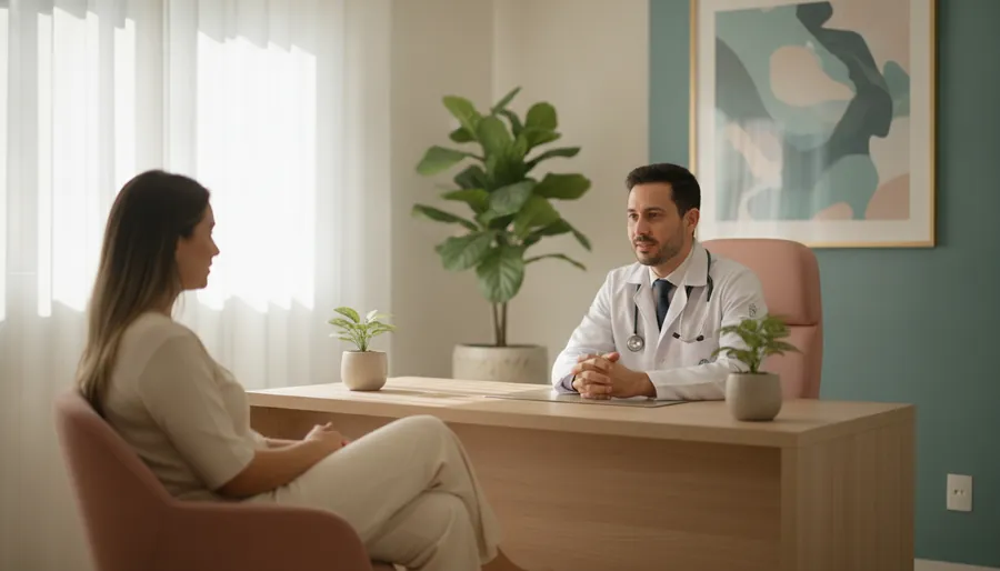 Médico conversando com uma paciente do outro lado da mesa no consultório