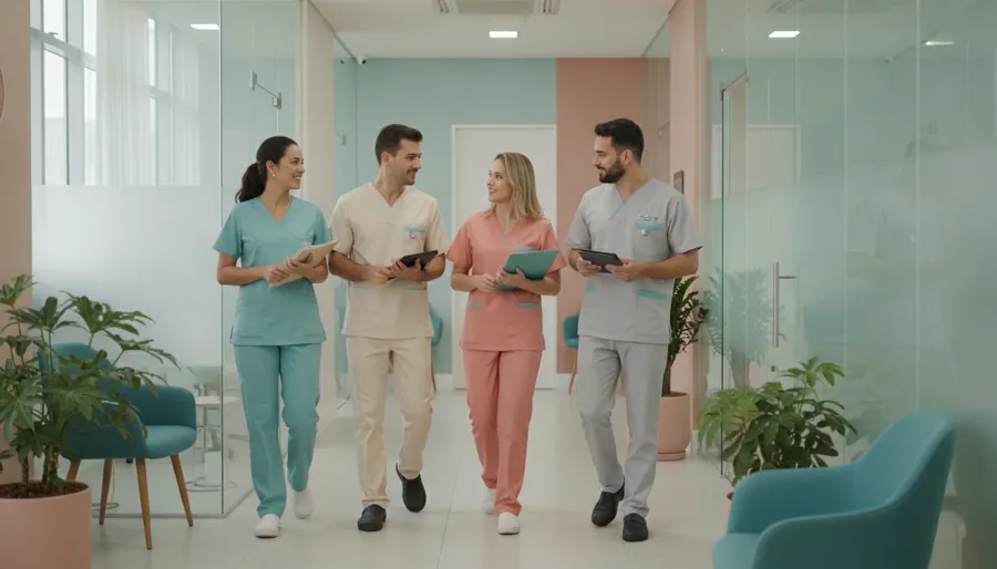 Equipe de profissionais de especialidades diferentes caminhando por uma clínica