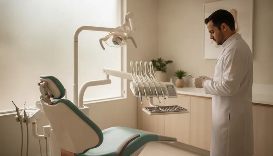 Consultório odontológico com cadeira e dentista preparando os instrumentos